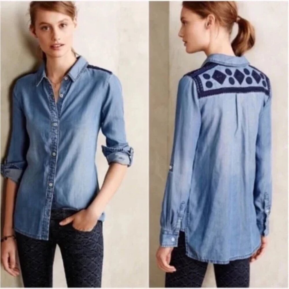 Anthropologie Light Blue Denim Shirt with Navy Embroidered Yoke